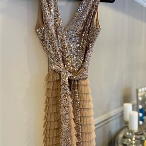 Cream Ruffled Sequin Tie Front Sheath Dress